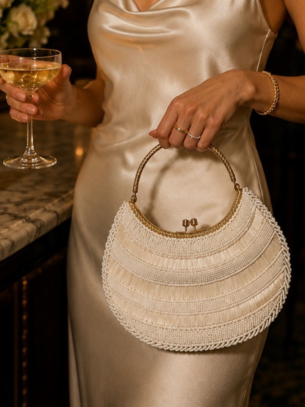 Vintage Ivory Beaded Evening Bag | Gold Handle | Custom Hand Made Bag Hong Kong